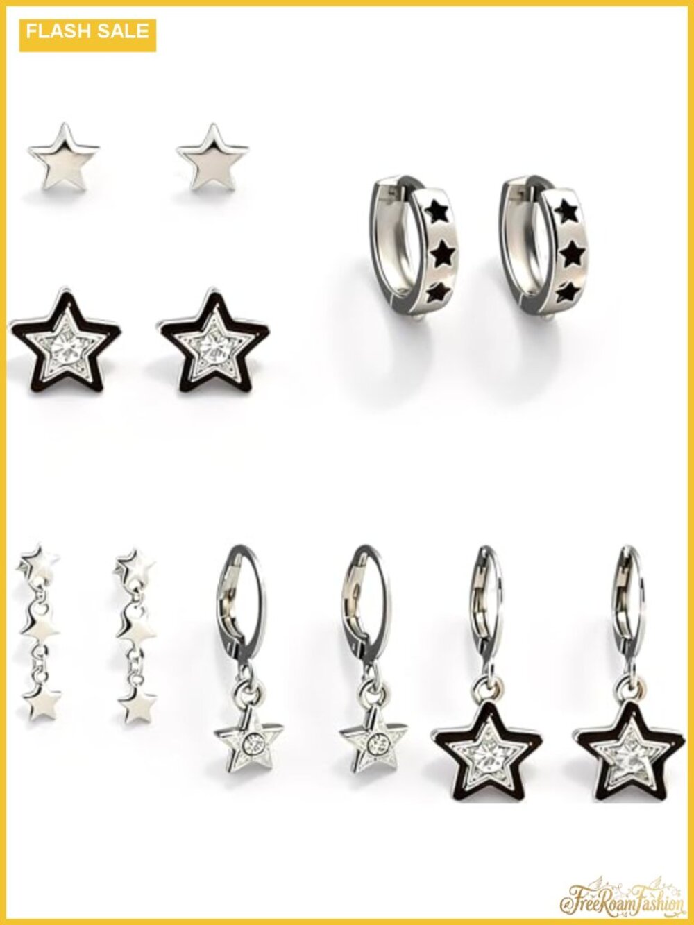 6 Pairs Silver Tone Y2K Star & Rhinestone Earrings Set – Hoop, Stud, Cartilage